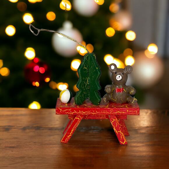Vintage Wooden Teddy Bear On Bench Christmas Ornament - Picture 9 of 9
